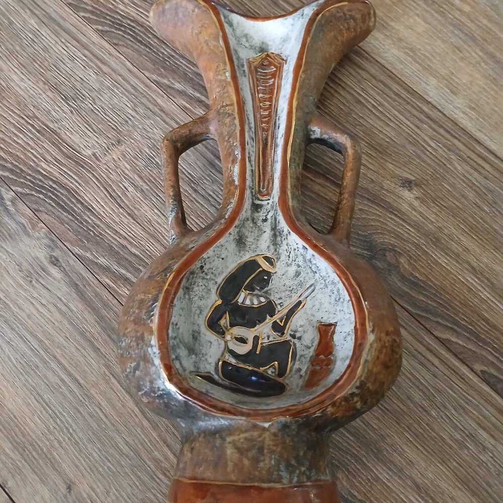 Vintage 12" Italian Glazed Egyptian Revival Vase Double Handle And Openings